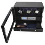 Triple watch winder with LED-lit winding positions and open watch storage drawer