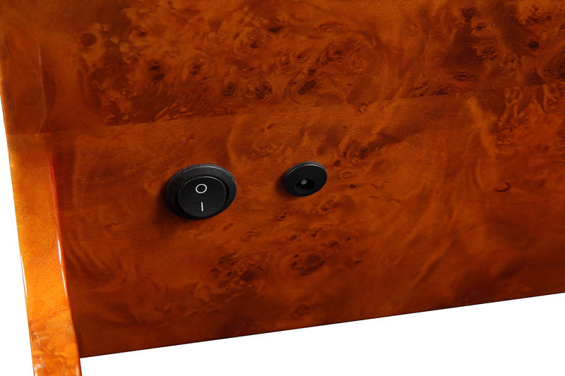 High-gloss wood finish watch winder close-up with power switch and DC power input