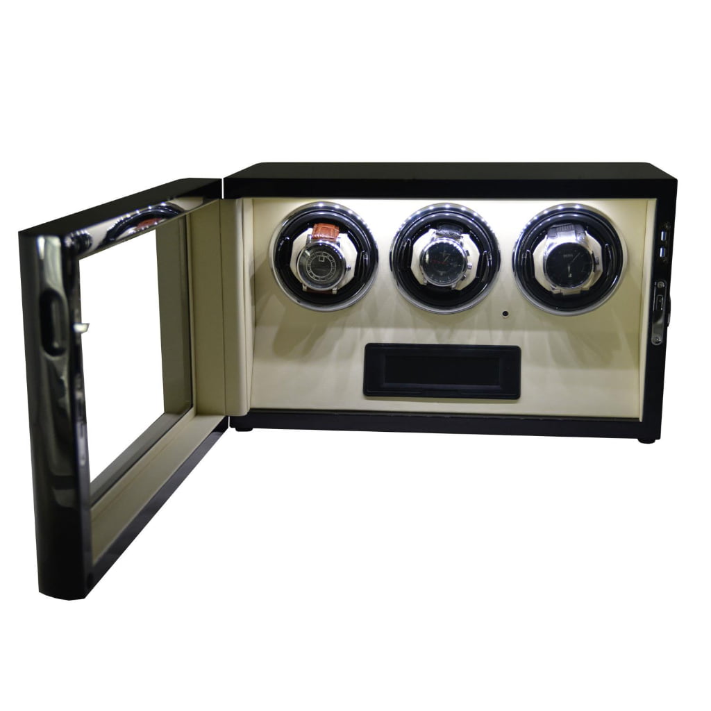 Black 3 watch winder with open tempered glass door showing three winding positions and touchscreen panel