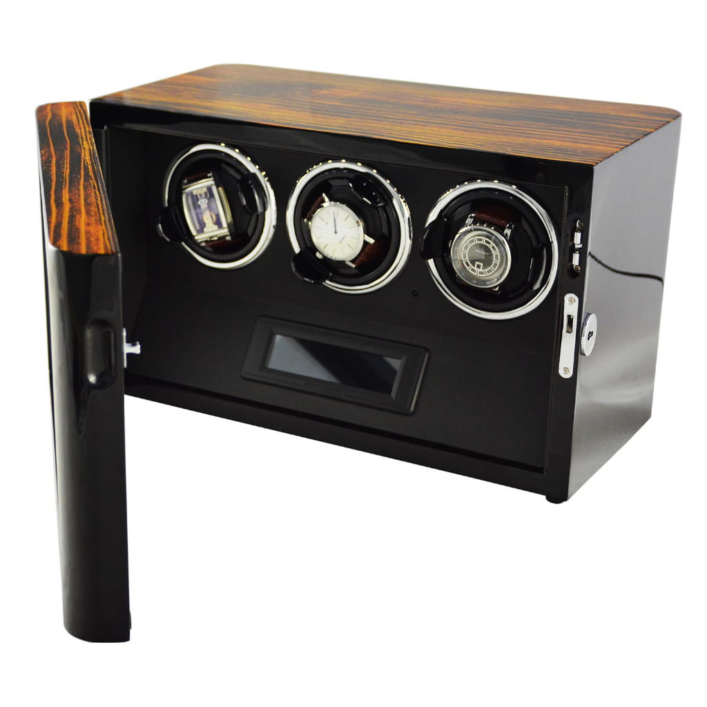 Zebra stripe 3 watch winder with open tempered glass door, black interior and touchscreen control