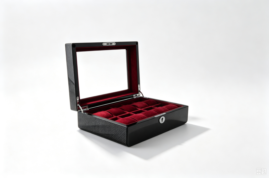 High Glossy Ebony Grain Spliced Carbon Fiber 10 Watch Case with Burgundy Velvet Interior