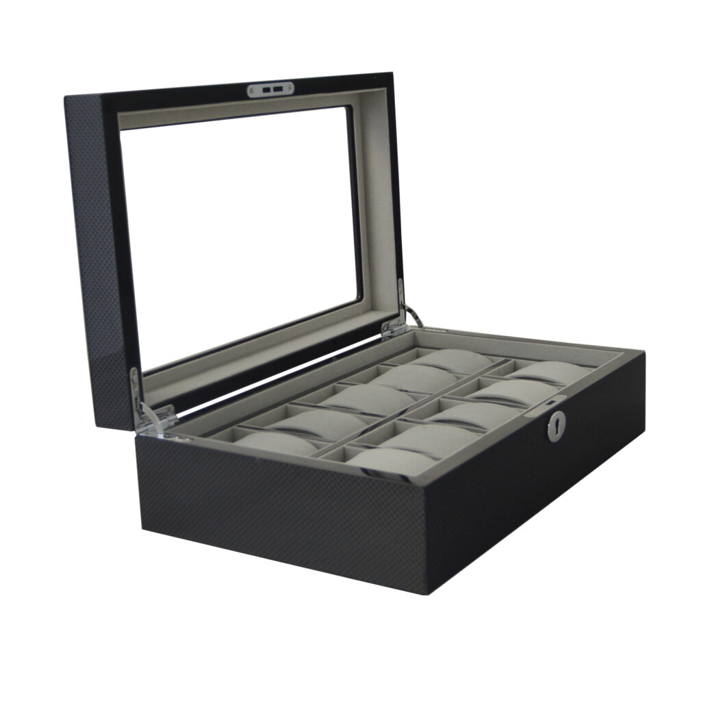 High Glossy Carbon Fiber 10 Watch Case with Tempered Glass Display