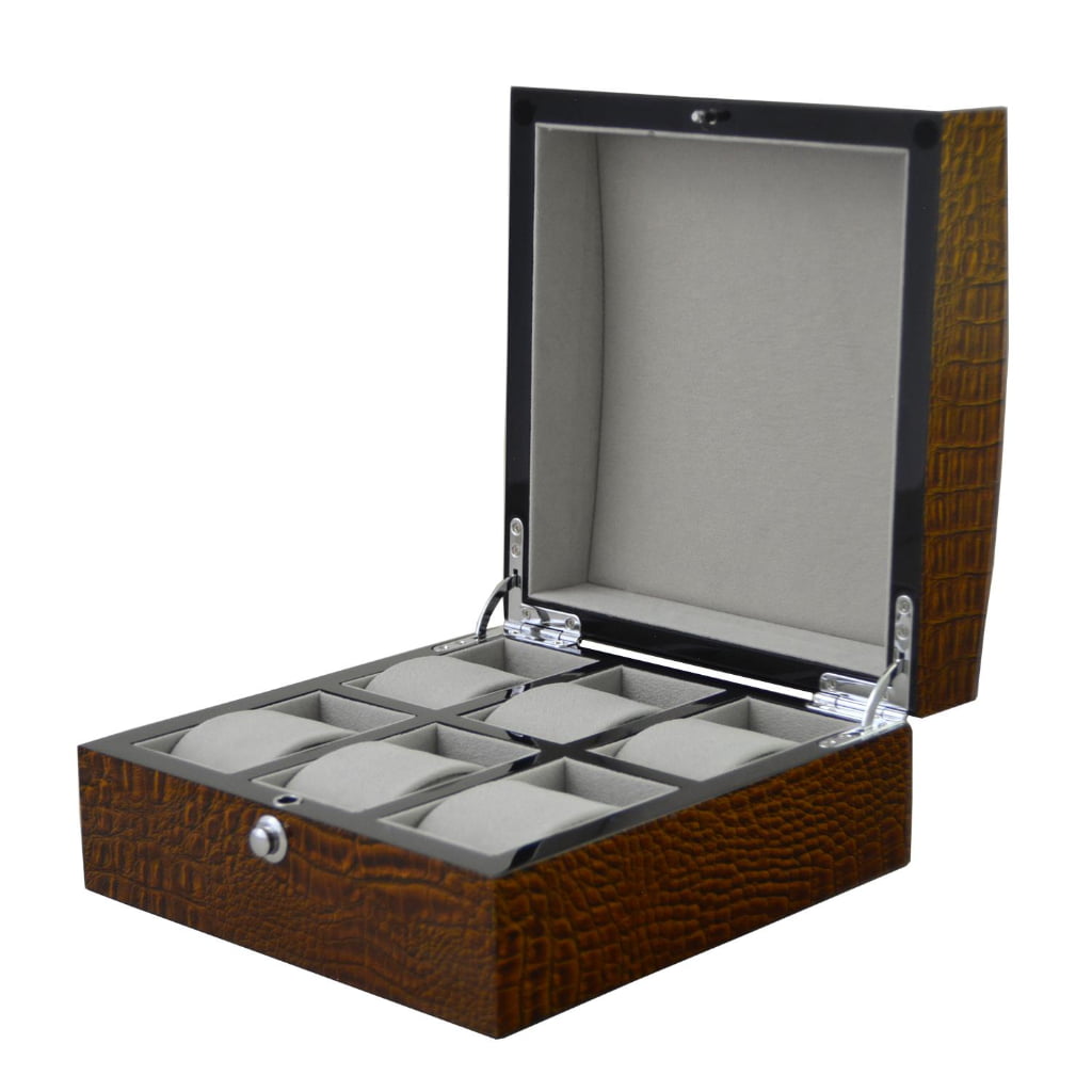 High Glossy Crocodile Grain Brown 6 Watch Case with Velvet Interior