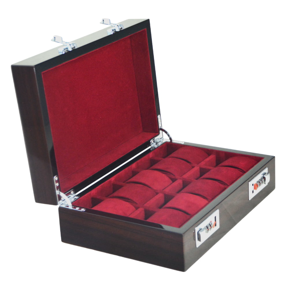 High Glossy Macassar Ebony Grain 10 Watch Case with Combination Lock