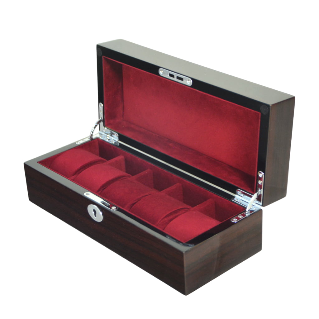 High Glossy Macassar Ebony Grain 5 Watch Case with Burgundy Velvet Interior