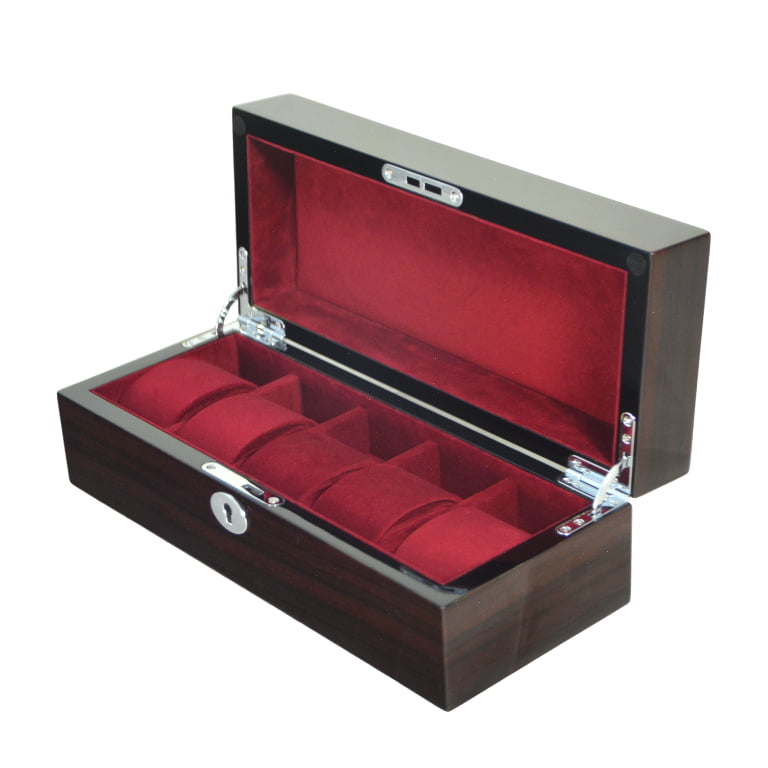 High Glossy Macassar Ebony Grain 5 Watch Case with Burgundy Velvet Interior