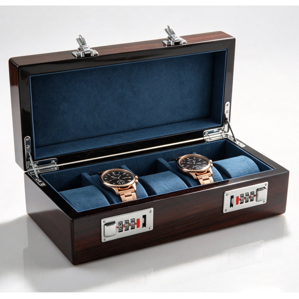 High Glossy Macassar Ebony Grain 5 Watch Case with Blue Velvet Interior and Combination Lock