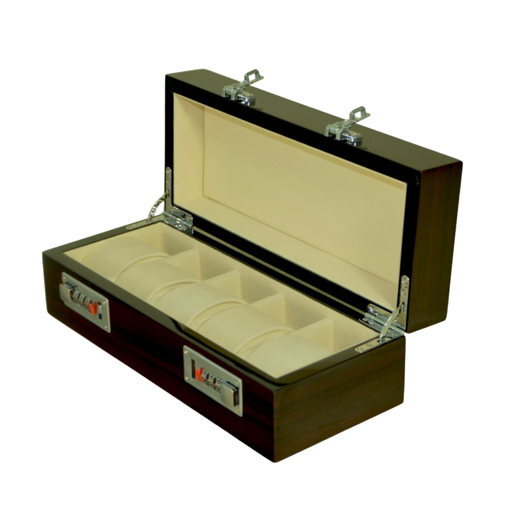 High Glossy Macassar Ebony Grain 5 Watch Case with Combination Lock