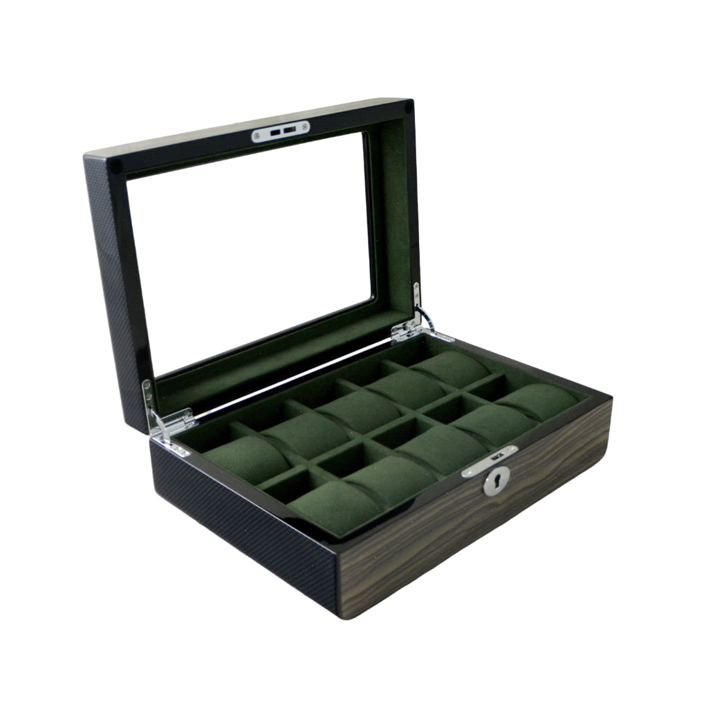 High Glossy Dark Oak Grain Spliced Carbon Fiber 10 Watch Case with Green Velvet Interior