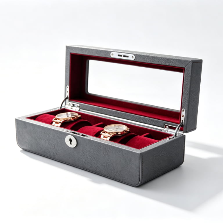PU Leather Gray 5 Watch Case with Burgundy Velvet Interior