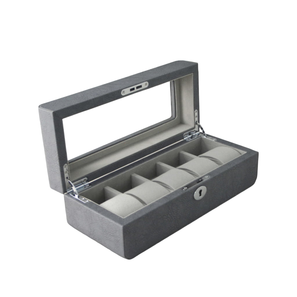 PU Leather Gray 5 Watch Case with Gray Velvet Interior