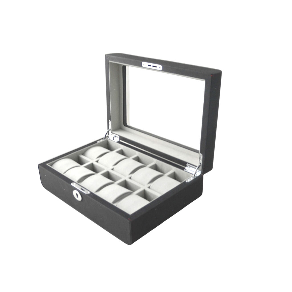 PU Leather Black 10 Watch Case with Grey Velvet Interior