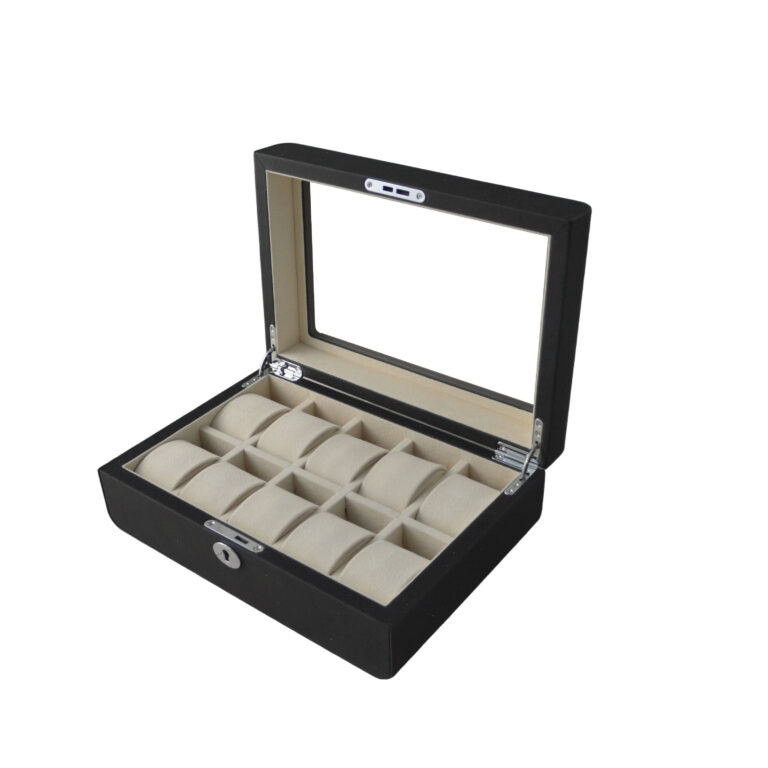 PU Leather Black 10 Watch Case with Grey Velvet Interior