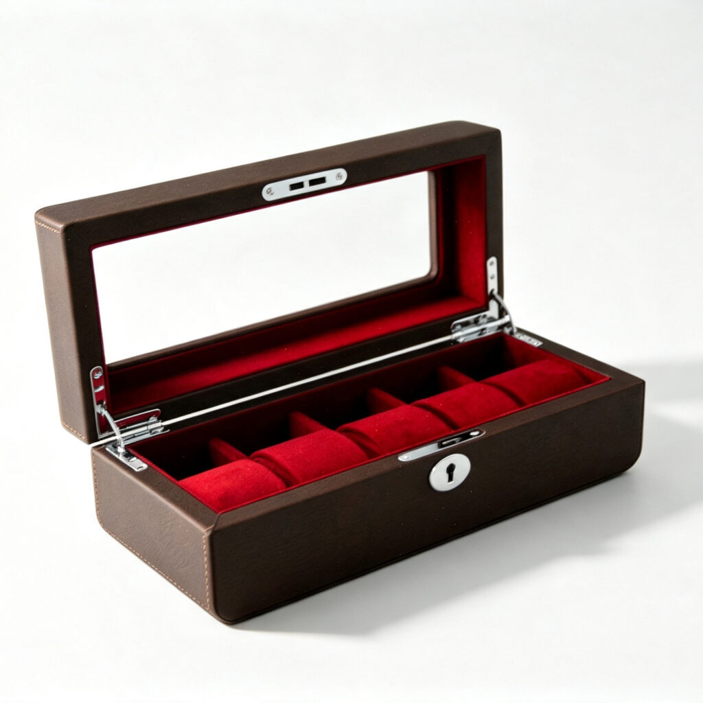 PU Leather Brown 5 Watch Case with Burgundy Velvet Interior