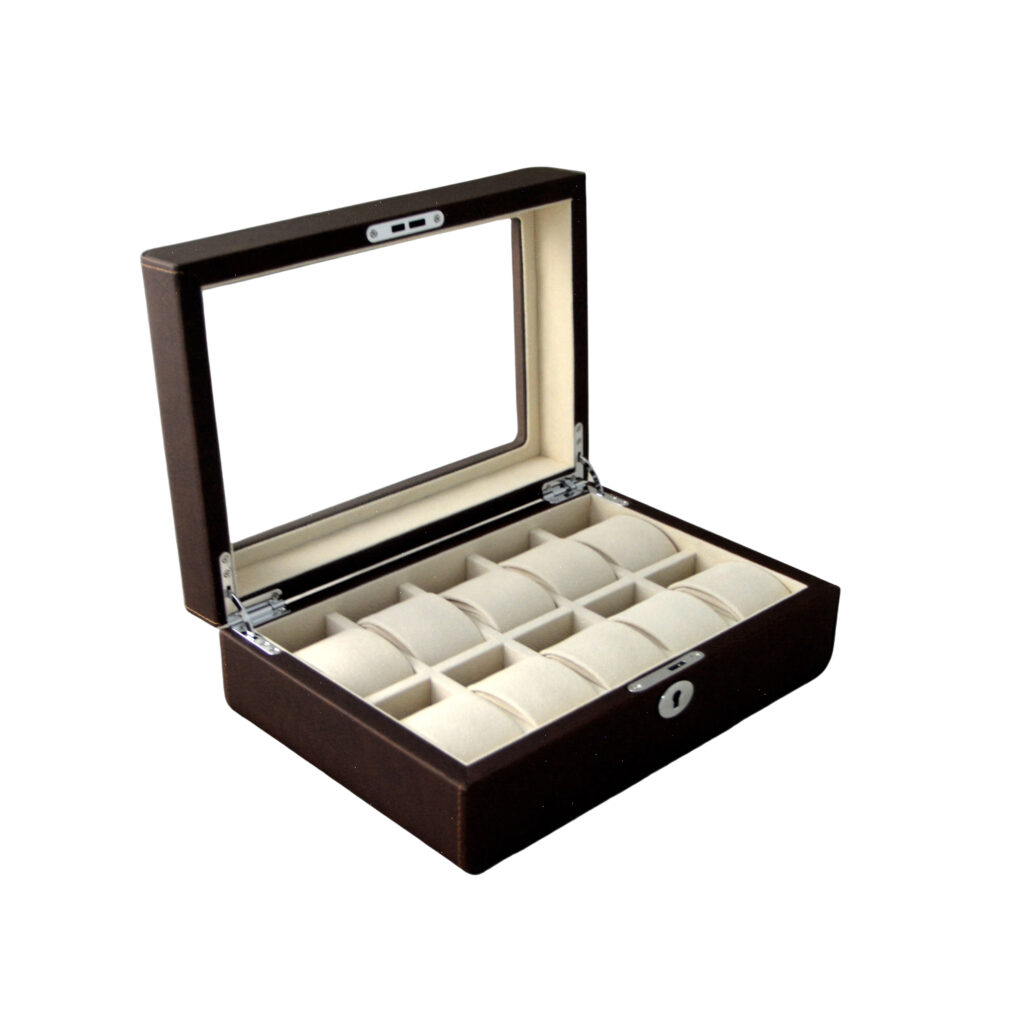 PU Leather Brown 10 Watch Case with Ivory Velvet Interior