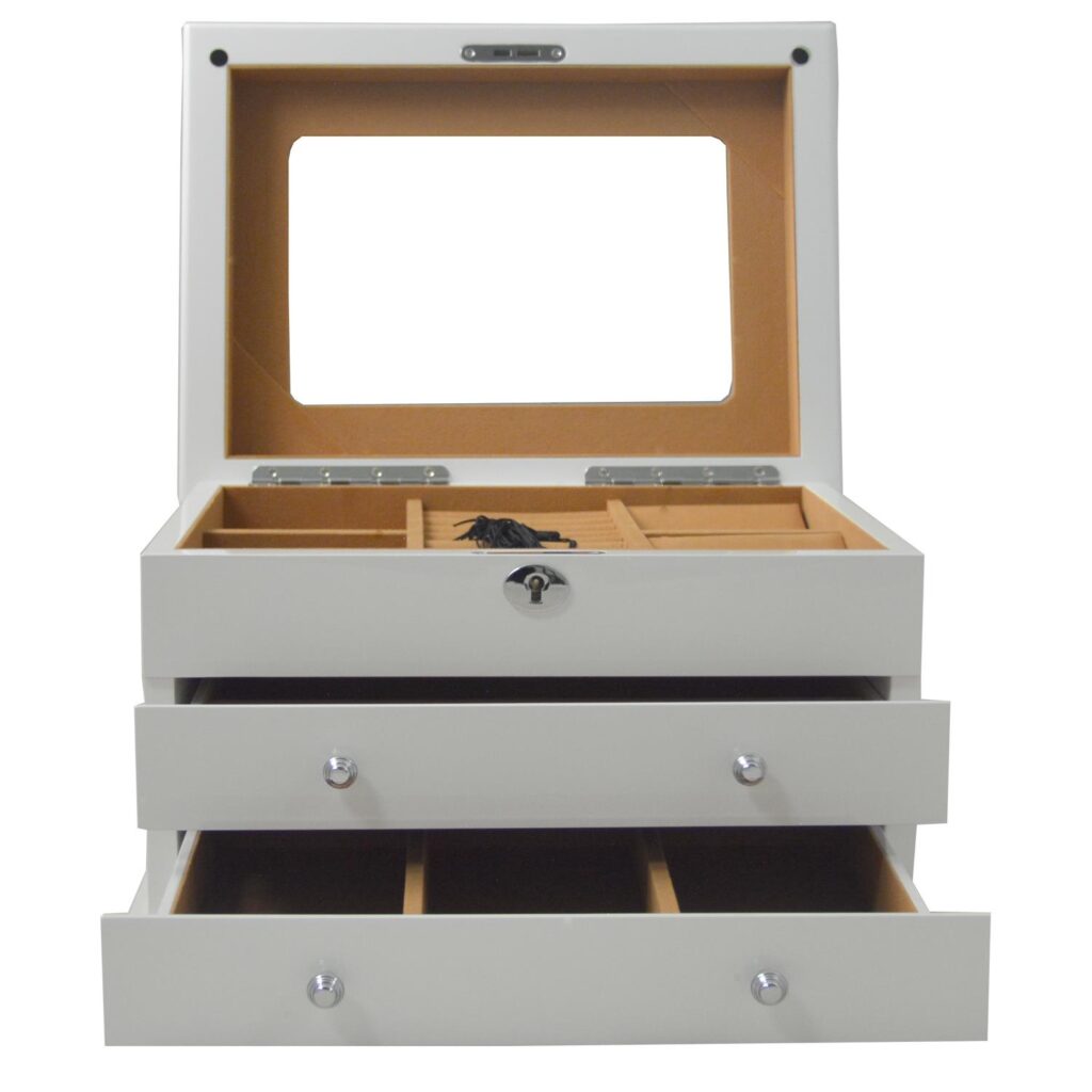 Open jewelry collection box with velvet-lined interior and storage drawers