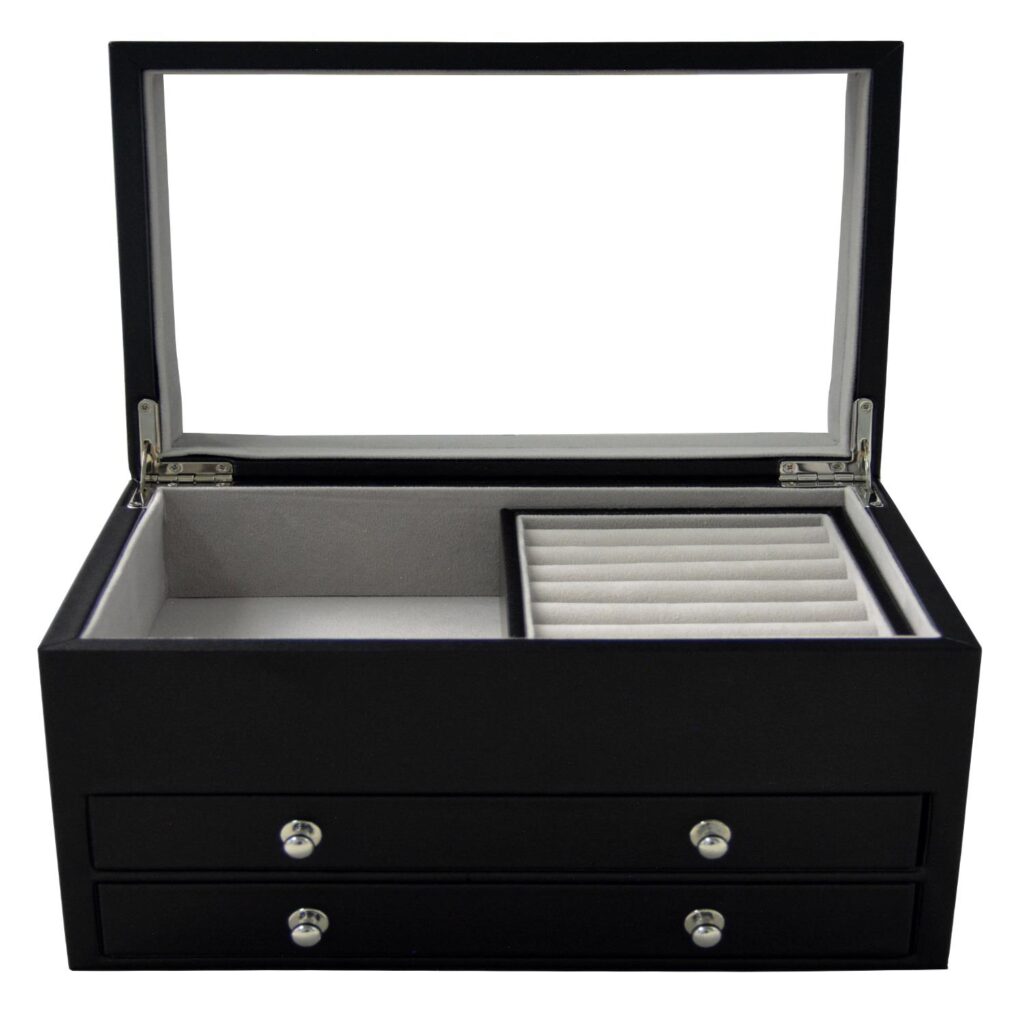 Black jewelry collection box with mirror lid and ring roll interior