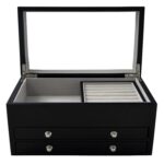 Black jewelry collection box with mirror lid and ring roll interior