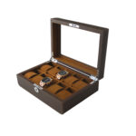 Watch display box hinge hardware and velvet interior detail