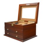 Open teak jewelry case with mirror and velvet-lined interior