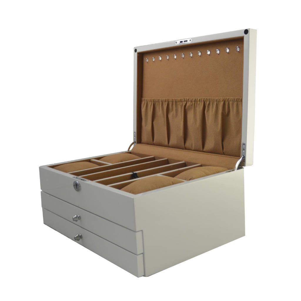 Luxury jewelry case side view with glossy white exterior and storage drawers