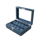 Blue watch box hinge detail with velvet interior finish