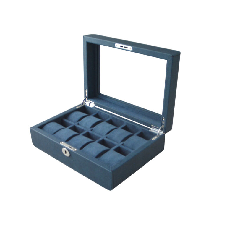 Blue PU Leather 10 Watch Box with Tempered Glass Display