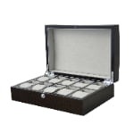 10 slot watch case with open lid and grey velvet wrapped interior compartments