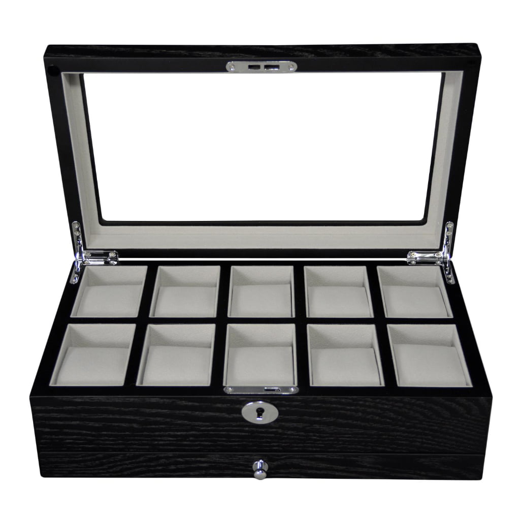 10 watch display case open with velvet wrapped compartments