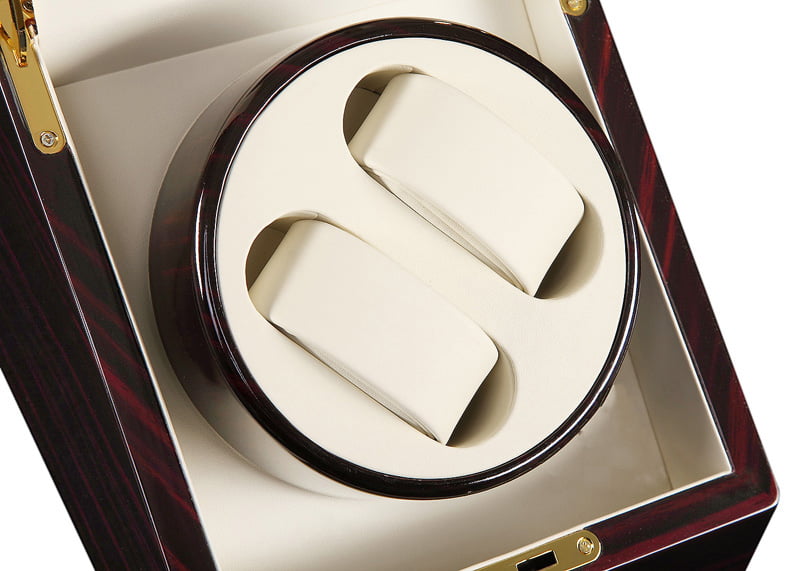 2-watch winder with two beige watch cushions and ebony-finish winding drum