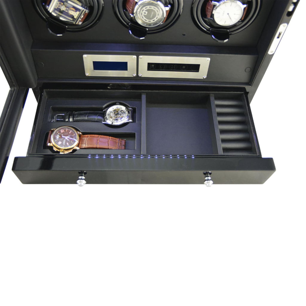 Triple watch winder with open compartmentalized drawer for watches and accessories