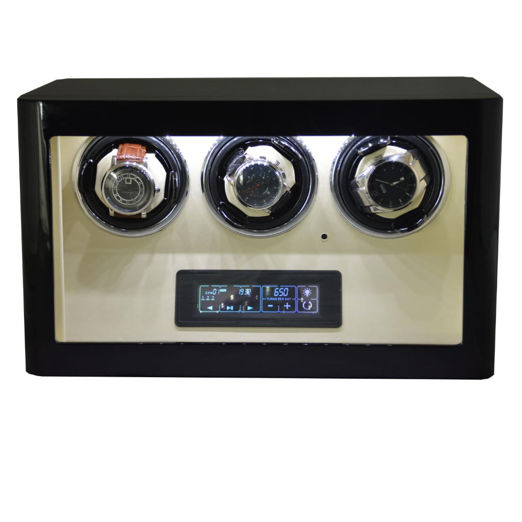 Front view of black 3 watch winder with three watches, LED-lit white interior and touchscreen control