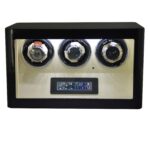 Front view of black 3 watch winder with three watches, LED-lit white interior and touchscreen control