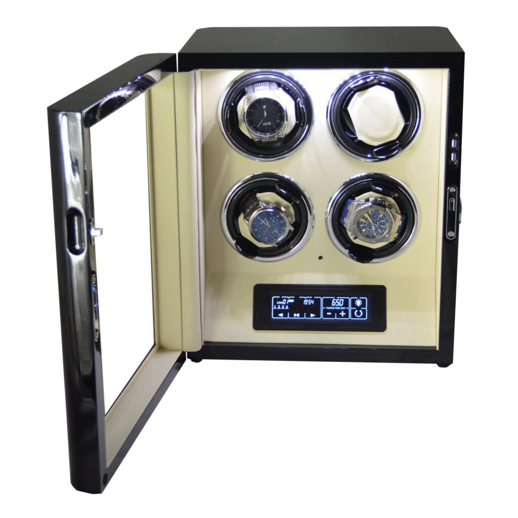 Black high-gloss 3 watch winder with illuminated white interior and touchscreen control panel