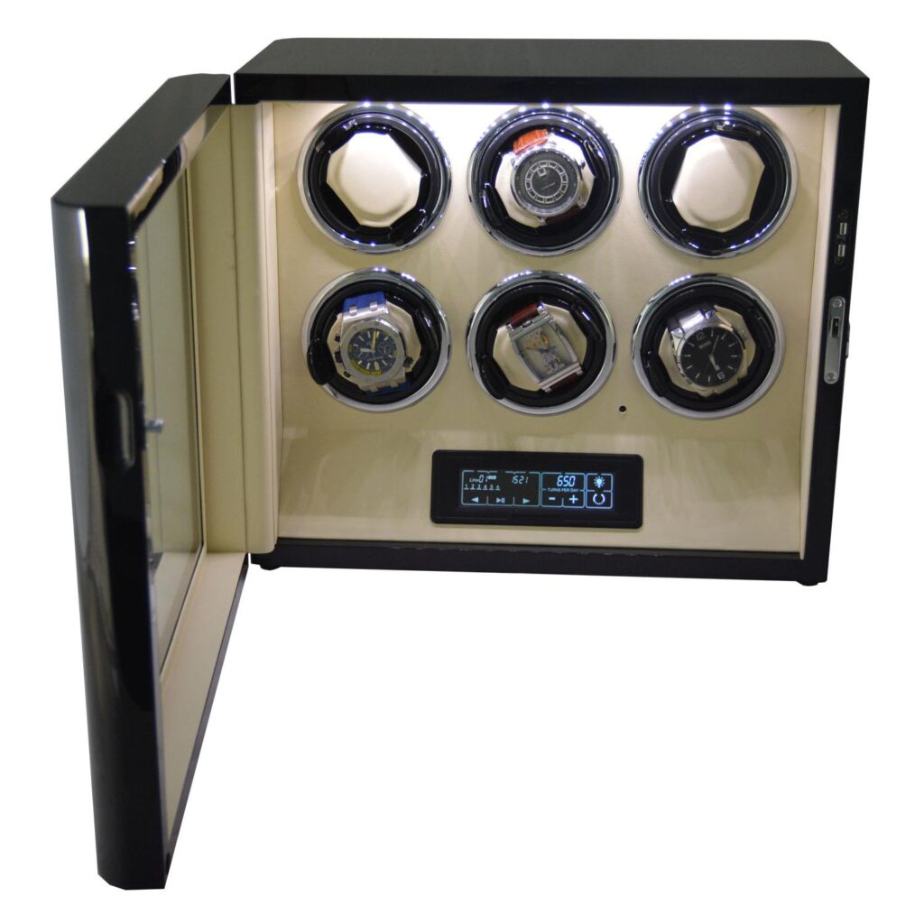 Black 6 watch winder with open glass door, automatic watches, LED-lit beige interior and touchscreen