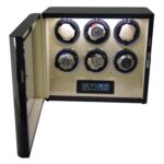 Black 6 watch winder with open glass door, automatic watches, LED-lit beige interior and touchscreen