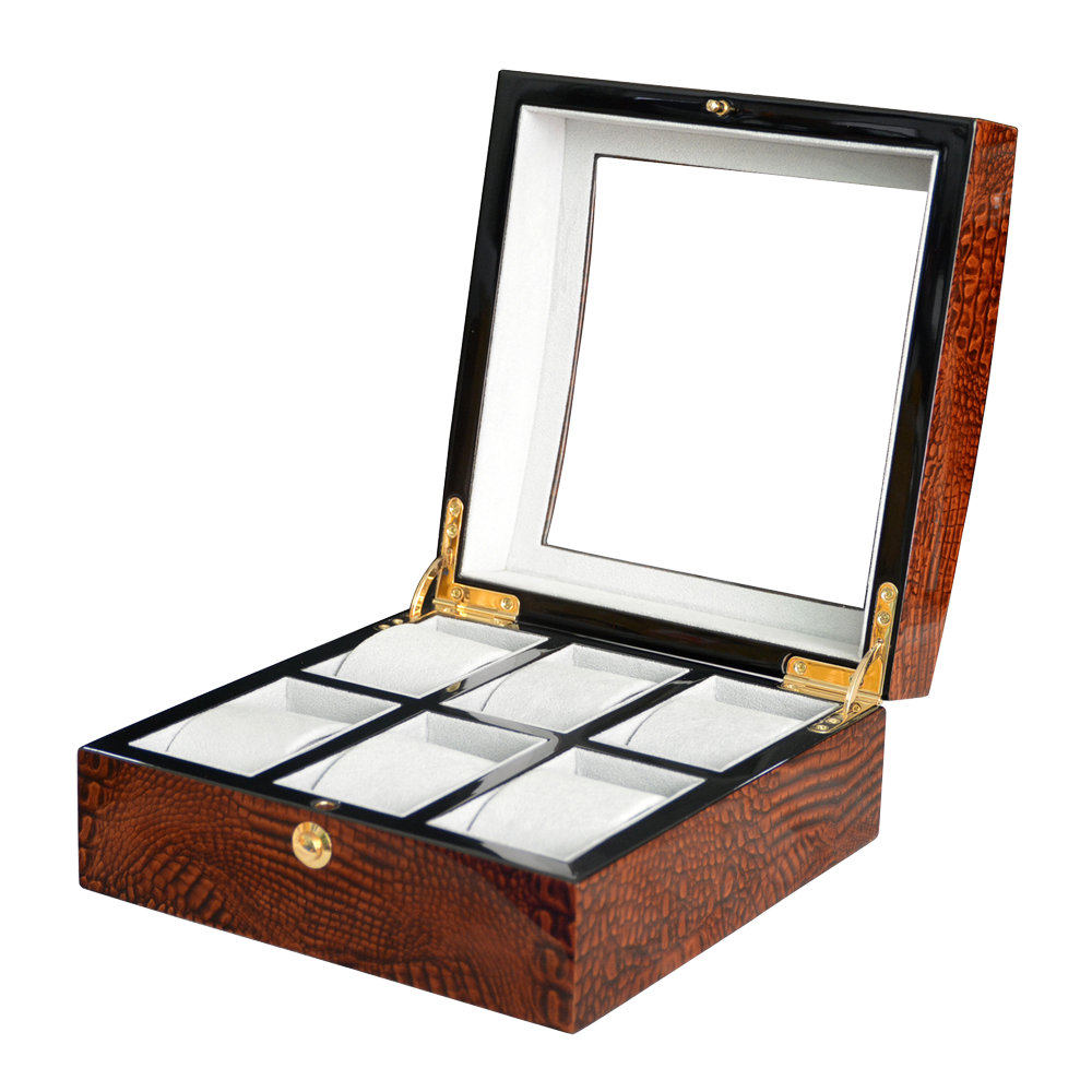 High Glossy Crocodile Grain Brown 6 Watch Case with Tempered Glass Display