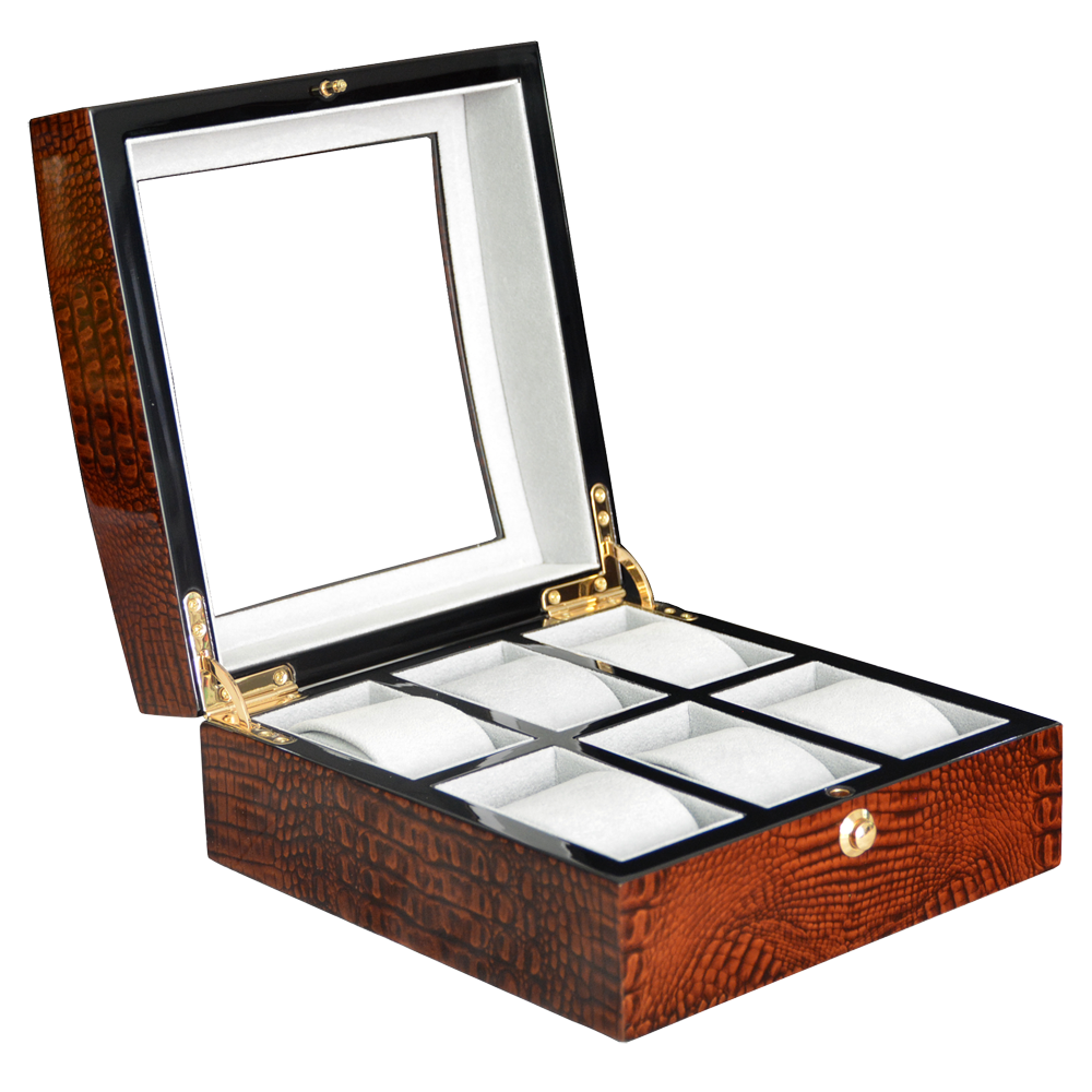 High Glossy Crocodile Grain Brown 6 Watch Case with Tempered Glass Display