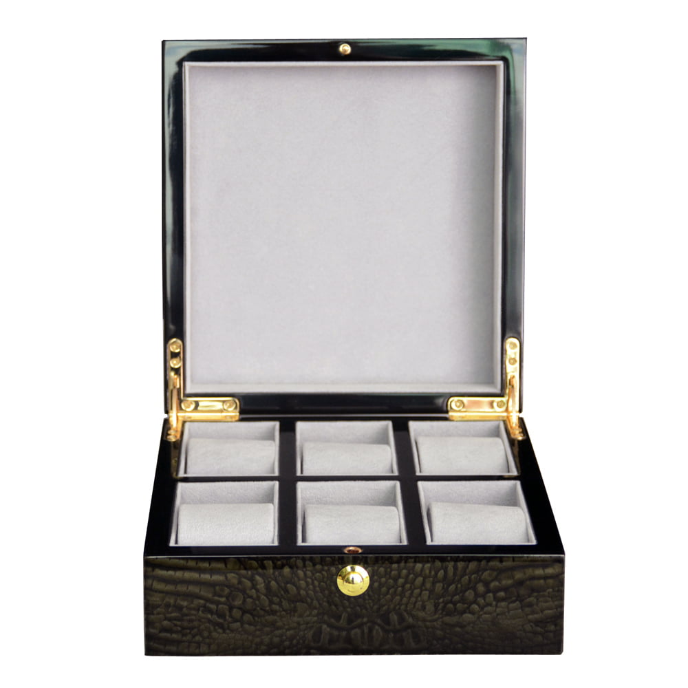 High Glossy Crocodile Grain Deep Green 6 Watch Case with Velvet Interior