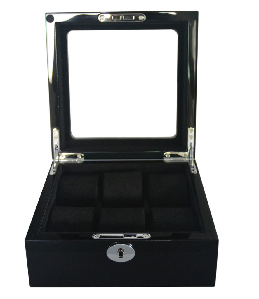 High Glossy Black 6 Watch Case with Tempered Glass Display