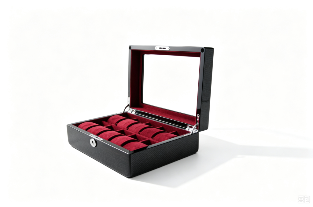 High Glossy Ebony Grain Spliced Carbon Fiber 10 Watch Case with Burgundy Velvet Interior