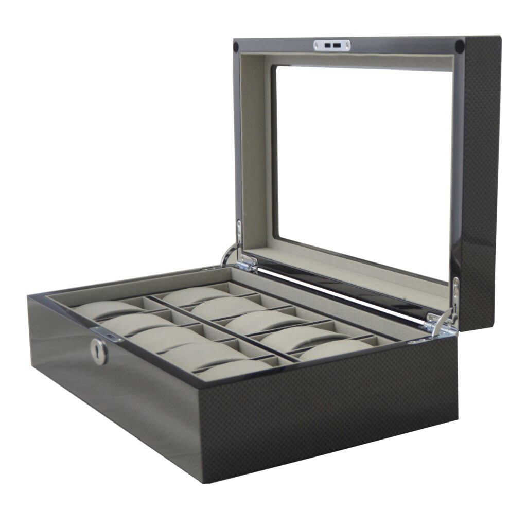 High Glossy Carbon Fiber 10 Watch Case with Tempered Glass Display