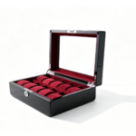 High Glossy Ebony Grain Spliced Carbon Fiber 10 Watch Case with Burgundy Velvet Interior