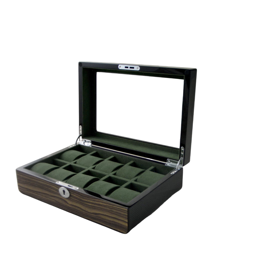High Glossy Dark Oak Grain Spliced Carbon Fiber 10 Watch Case with Green Velvet Interior