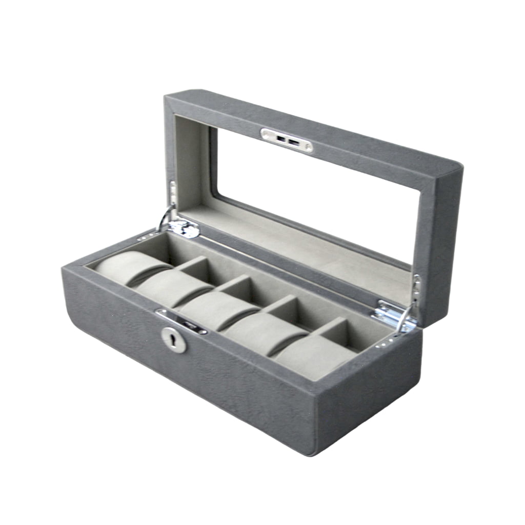 PU Leather Gray 5 Watch Case with Gray Velvet Interior