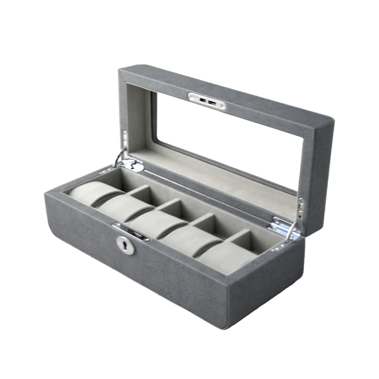 PU Leather Gray 5 Watch Case with Gray Velvet Interior