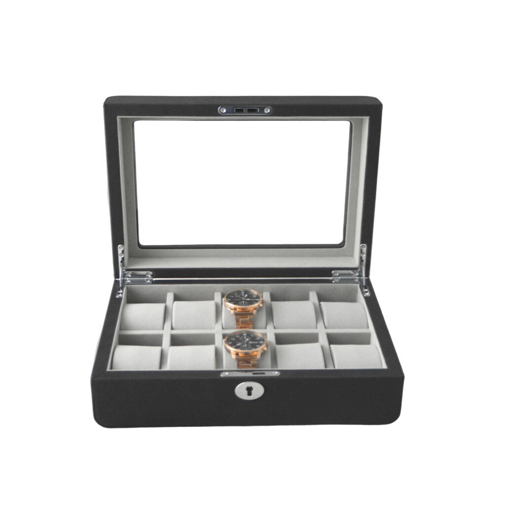 PU Leather Black 10 Watch Case with Grey Velvet Interior