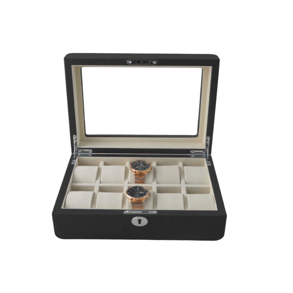 PU Leather Black 10 Watch Case with Grey Velvet Interior