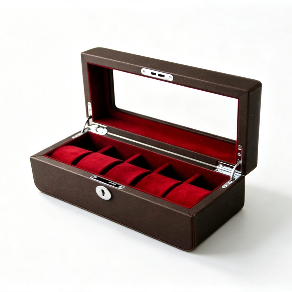 PU Leather Brown 5 Watch Case with Burgundy Velvet Interior