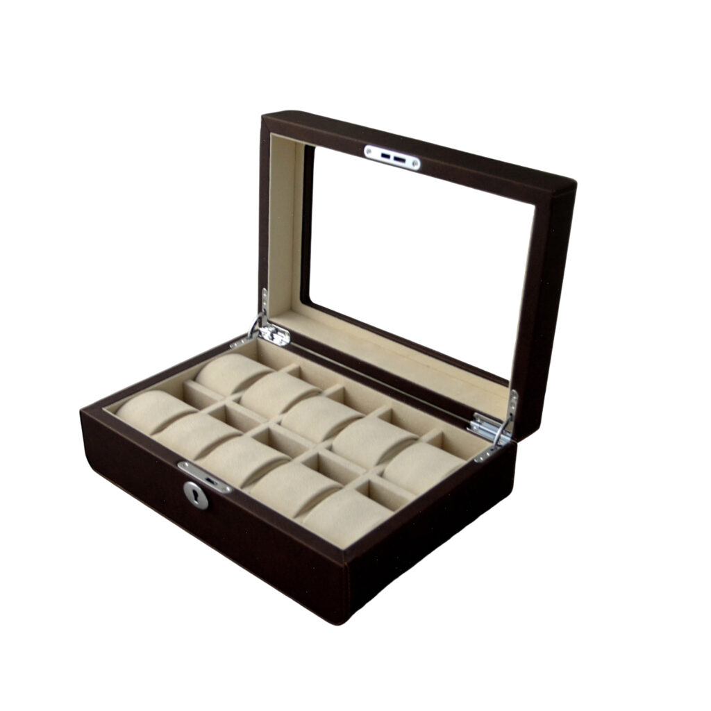 PU Leather Brown 10 Watch Case with Ivory Velvet Interior